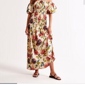 Abercrombie & Fitch Cream and Red Off-Shoulder Puff Sleeve Maxi Dress